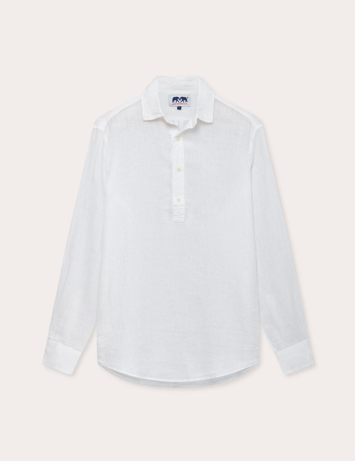 Men's White Hoffman Linen Shirt front view. Long-sleeved mens linen shirt with half button-up design.