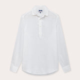 Men's White Hoffman Linen Shirt front view. Long-sleeved mens linen shirt with half button-up design.