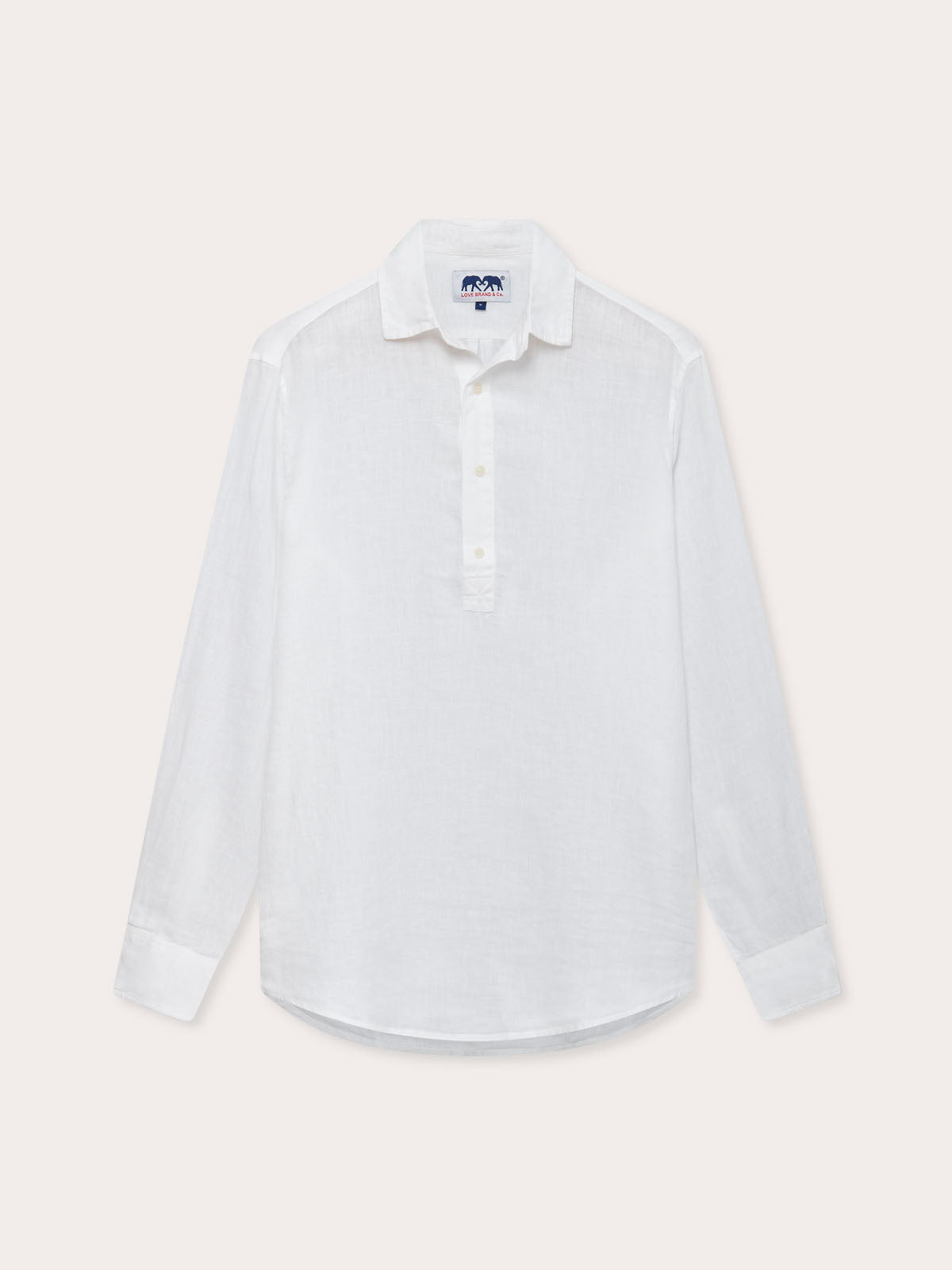 Men's White Hoffman Linen Shirt front view. Long-sleeved mens linen shirt with half button-up design.