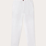 front view of love brand Men's White Randall Linen Trousers. mens linen trousers feature 2 front pockets, perfect for old money styling.