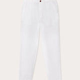 front view of love brand Men's White Randall Linen Trousers. mens linen trousers feature 2 front pockets, perfect for old money styling.