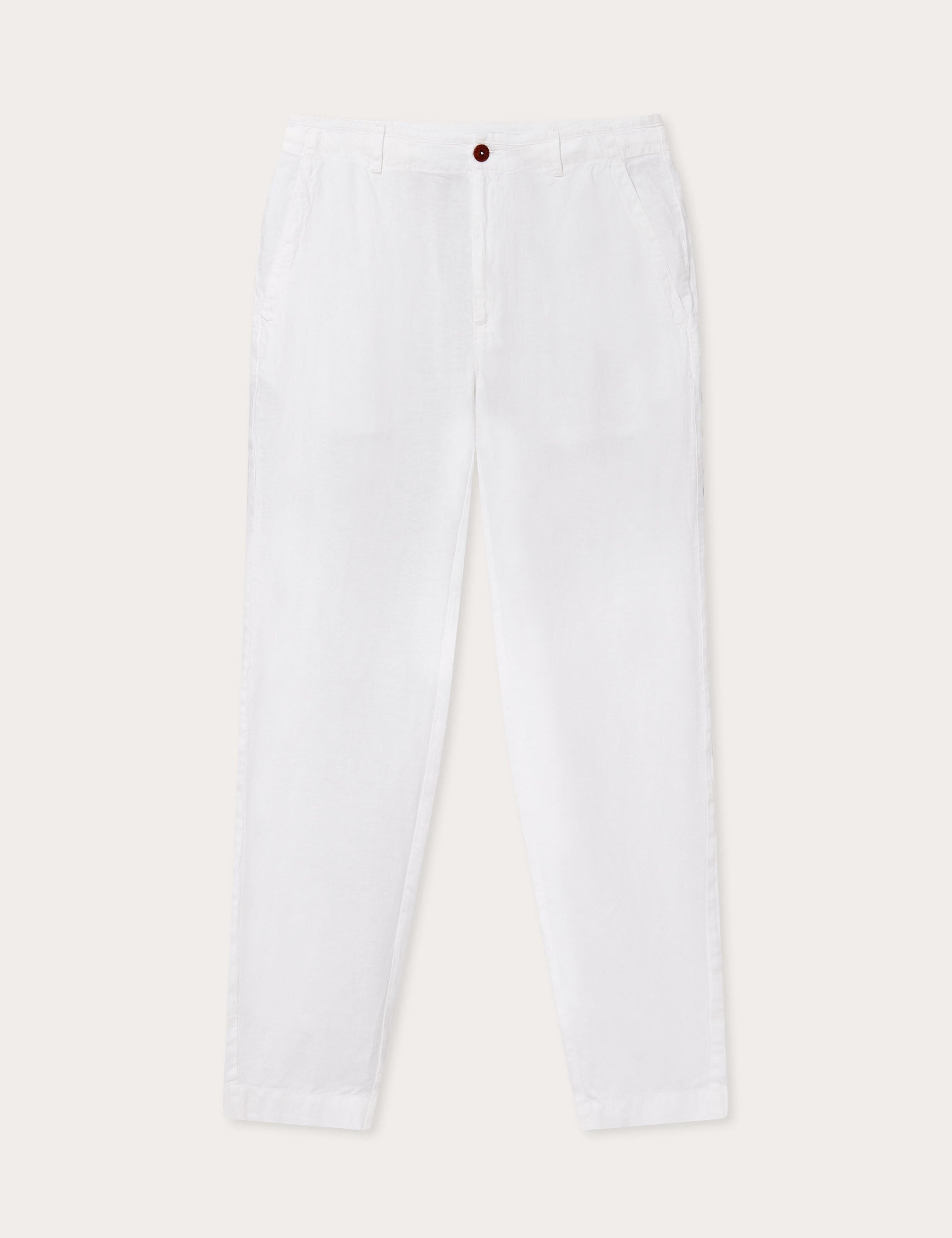 front view of love brand Men's White Randall Linen Trousers. mens linen trousers feature 2 front pockets, perfect for old money styling.