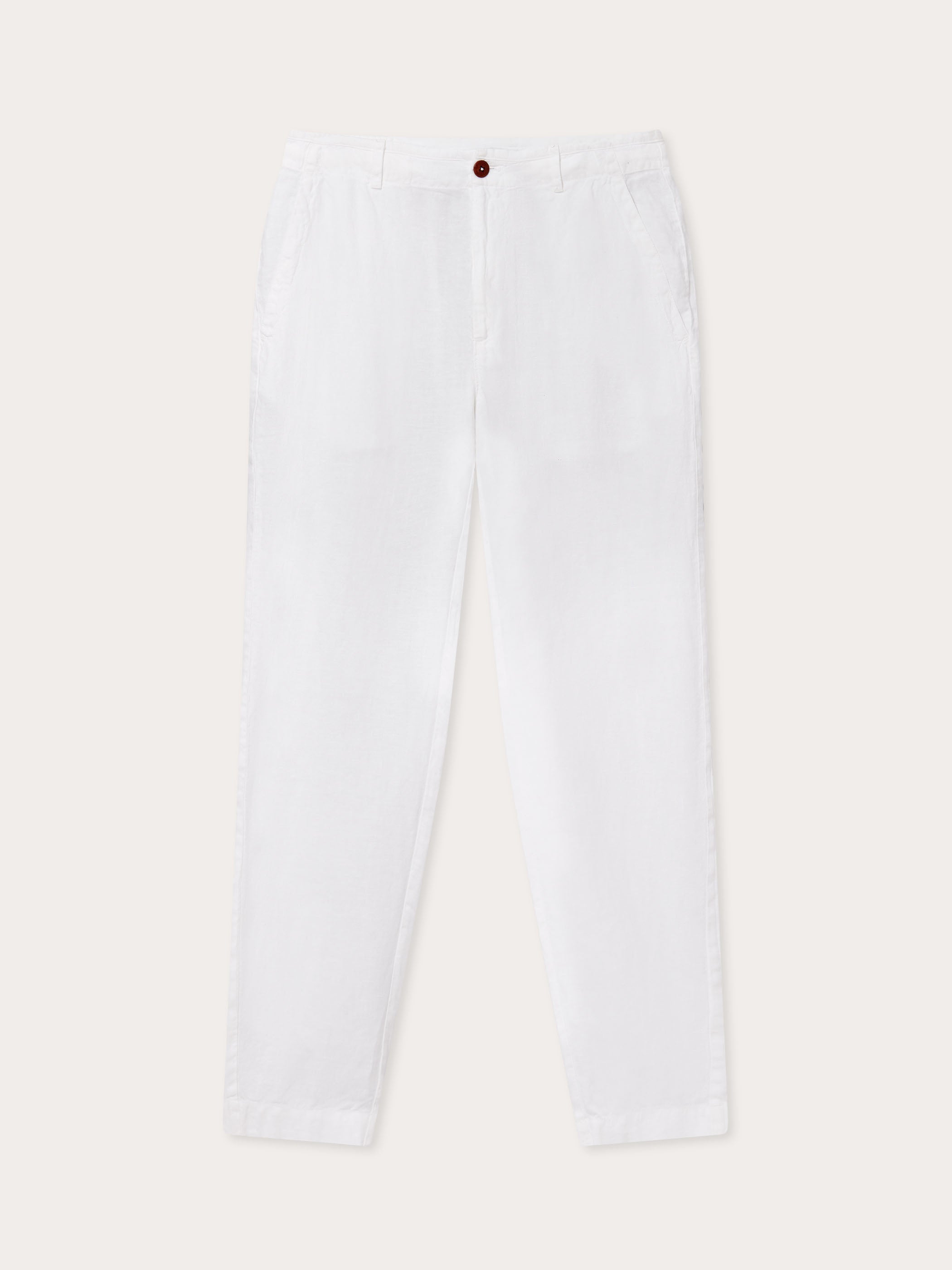 front view of love brand Men's White Randall Linen Trousers. mens linen trousers feature 2 front pockets, perfect for old money styling.