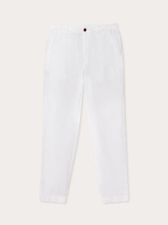 front view of love brand Men's White Randall Linen Trousers. mens linen trousers feature 2 front pockets, perfect for old money styling.