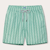 Men's Which Way to the Tropics Staniel Swim Shorts in green with swordfish print, featuring a grey and white drawstring for adjustable fit.