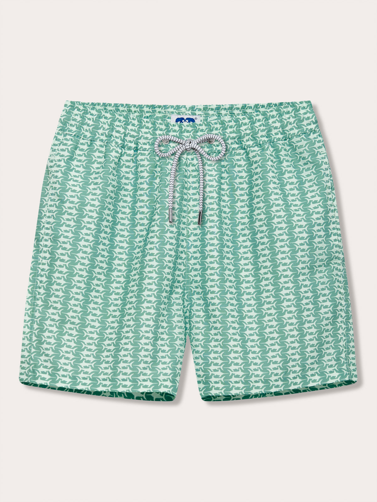Men's Which Way to the Tropics Staniel Swim Shorts in green with swordfish print, featuring a grey and white drawstring for adjustable fit.