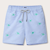 Men's light blue swim shorts featuring embroidered turquoise manta rays, made from 100% recycled, quick-dry fabric.