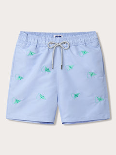 Men's light blue swim shorts featuring embroidered turquoise manta rays, made from 100% recycled, quick-dry fabric.