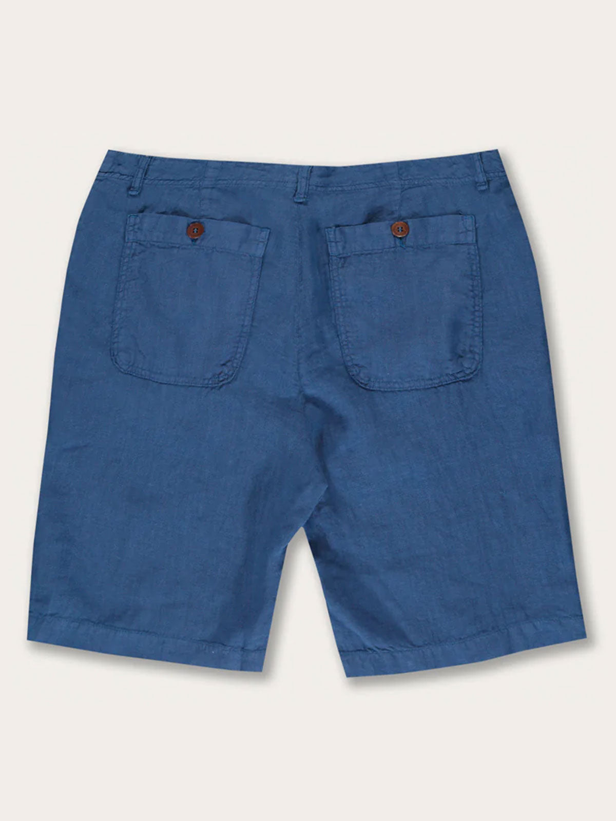 Men's Chambray Burrow Linen Shorts in blue with back pockets.