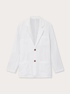 Front voew of Nassau white mens Linen Jacket with two brown buttons and 3 front pockets.