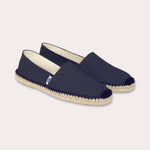 Navy Blue espadrilles made from 100% cotton canvas with beige stitching and sole.