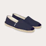 Navy Blue espadrilles made from 100% cotton canvas with beige stitching and sole.