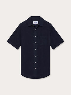 Navy Blue Manjack mens Linen Shirt with Short Sleeves and Button-Down Front. Old money shirts made from 100% linen.