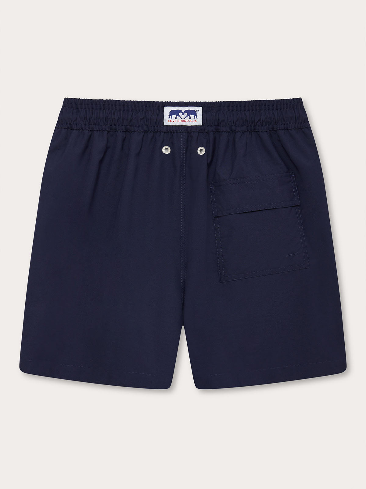 Men's Navy Blue Staniel Swim Shorts back view. Navy blue plain swim shorts with a back pocket.