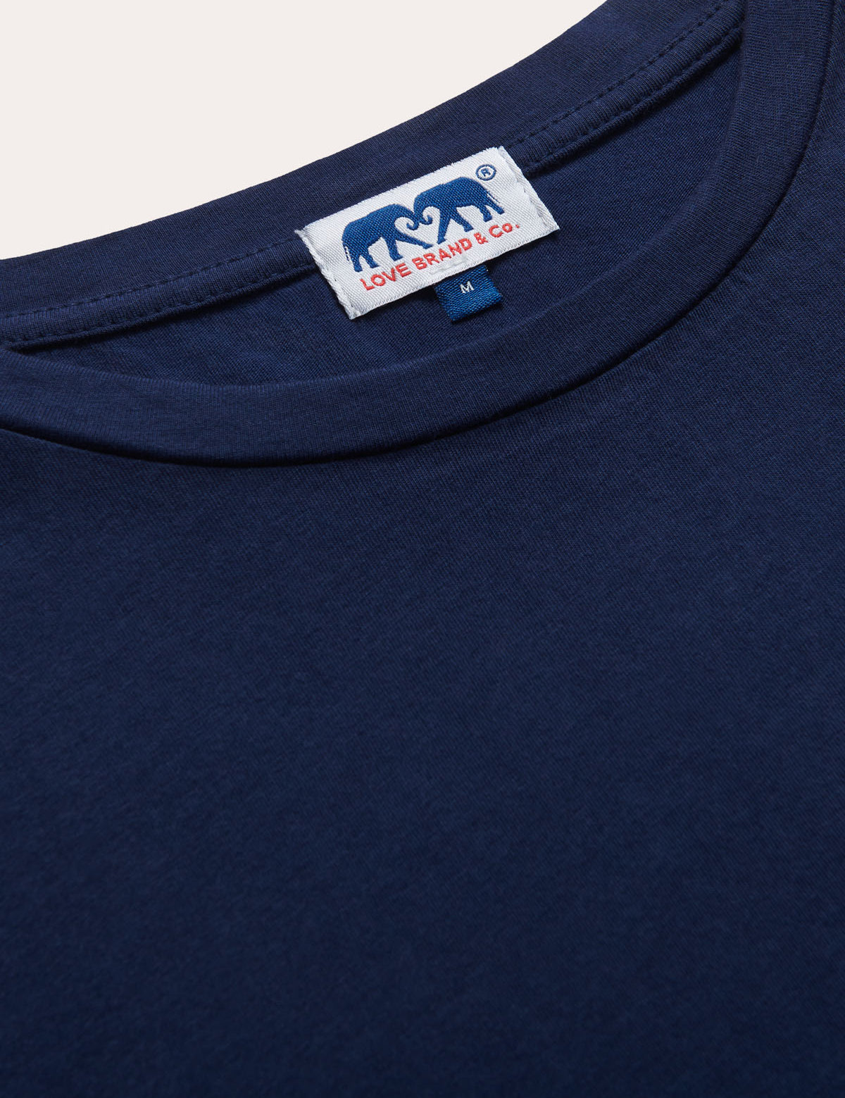 Men's Navy Blue Lockhart T-Shirt with Love Brand & Co. label close-up.