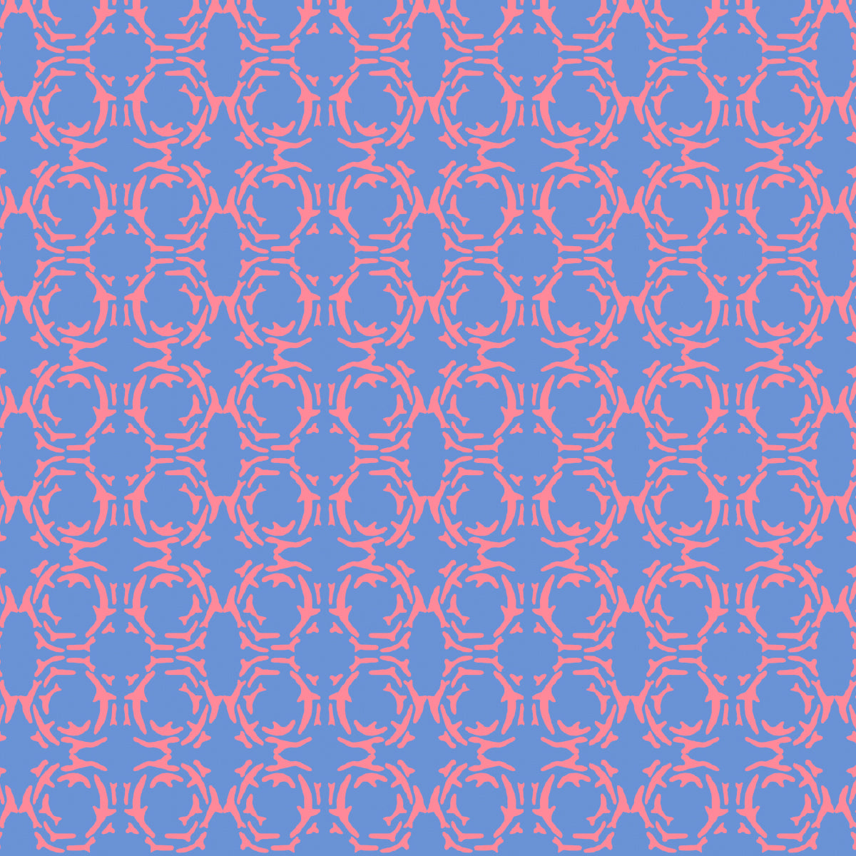 A repeating geometric pattern featuring coral-pink interlocking oval and circular motifs over a medium blue background.