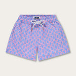 Boys Omotion Staniel Swim Shorts with coral reef-inspired geometric print in shades of blue and pink.