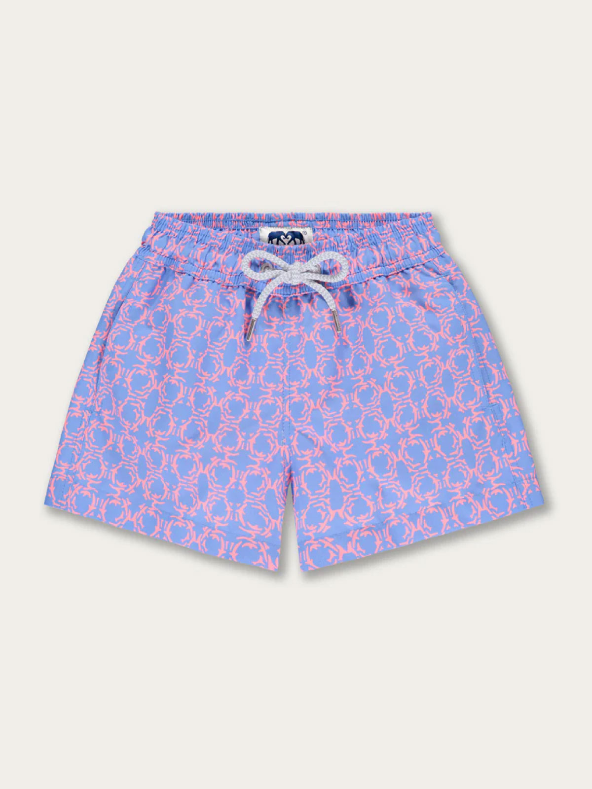 Boys Omotion Staniel Swim Shorts with coral reef-inspired geometric print in shades of blue and pink.