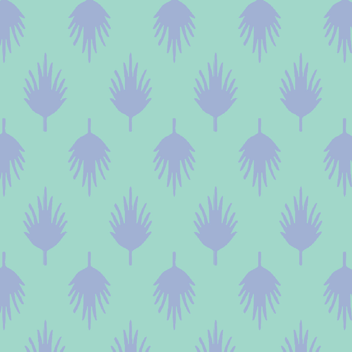 A repeating pattern of lavender-purple stylized palm fronds on a light mint green background.