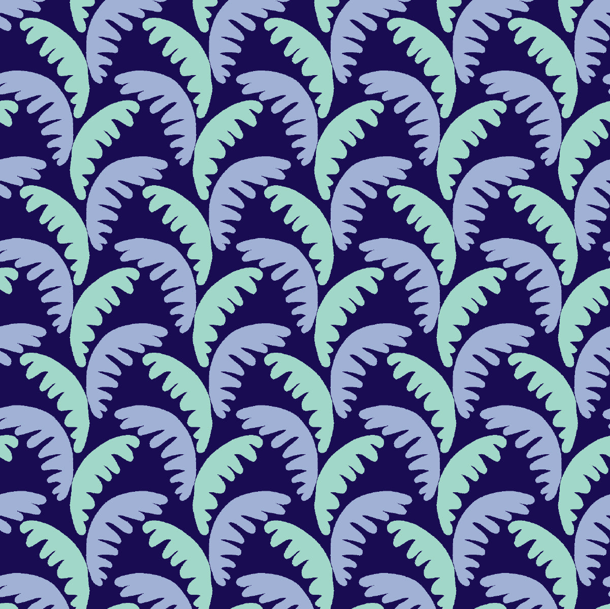 A repeating seamless pattern featuring stylized, curved leaf or palm-like motifs in pale mint green and light lavender-blue on a deep navy background.
