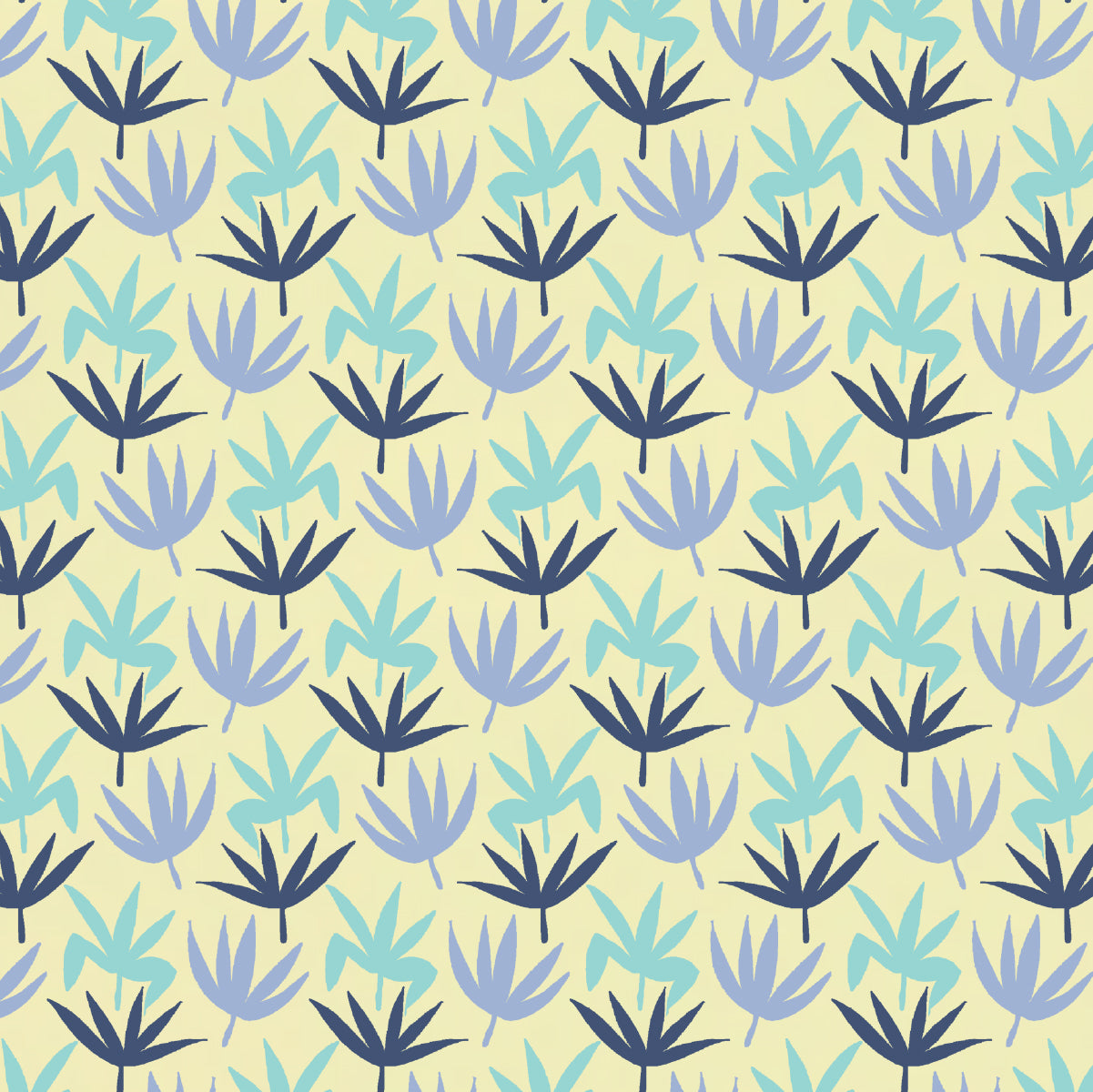 A repeating seamless pattern featuring stylized palm leaf motifs in dark navy, light blue, and lavender on a pale yellow background.