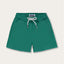 Boys Palm Green Staniel Swim Shorts in deep green color with white drawstring, featuring nickel-free hardware and soft mesh lining.