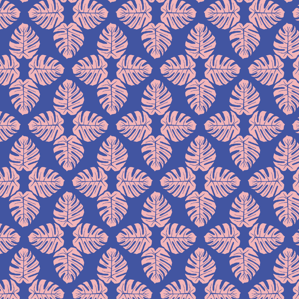A repeating seamless pattern of pink monstera leaves on a solid medium blue background.