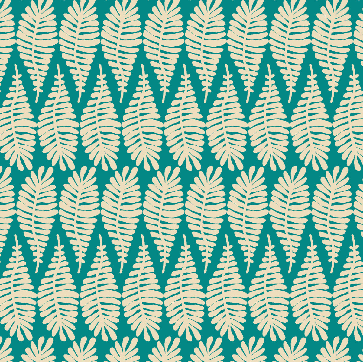 A repeating pattern of stylized cream-colored fern leaves on a teal background.