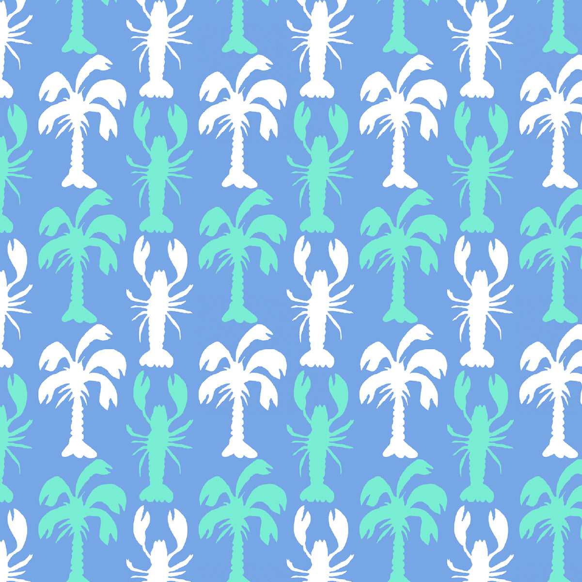 A repeating tropical pattern featuring white and mint green lobster silhouettes interspersed with palm tree silhouettes on a light blue background.