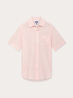 Men's Pastel Pink Manjack Linen Shirt, short-sleeved, lightweight and made of 100% linen. Old money shirts for summer.