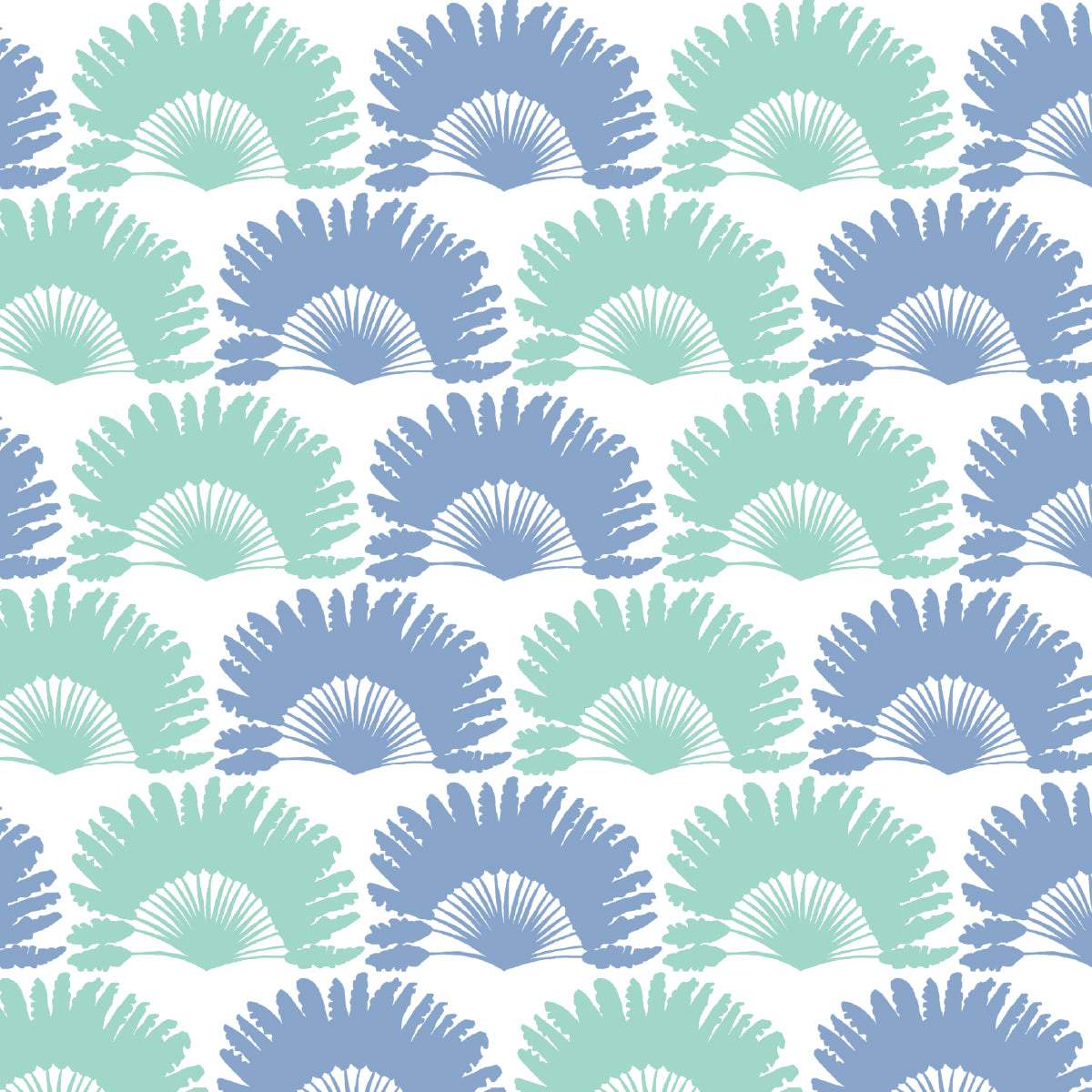 A repeating pattern of stylized palm-like motifs in light blue and mint green on a white background.