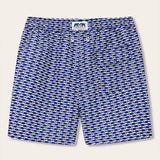 Men's Pine Cay Fish Staniel Swim Shorts with navy blue geometric fish pattern. Patterned swim shorts inspired by Pine Cay's marine ecosystem, exclusive to Pine Cay Resort and LOVE BRAND & Co.