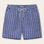 Men's Pine Cay Fish Staniel Swim Shorts. Blue patterned swim shorts featuring a blue and white geometric fish pattern with a drawstring waistband.