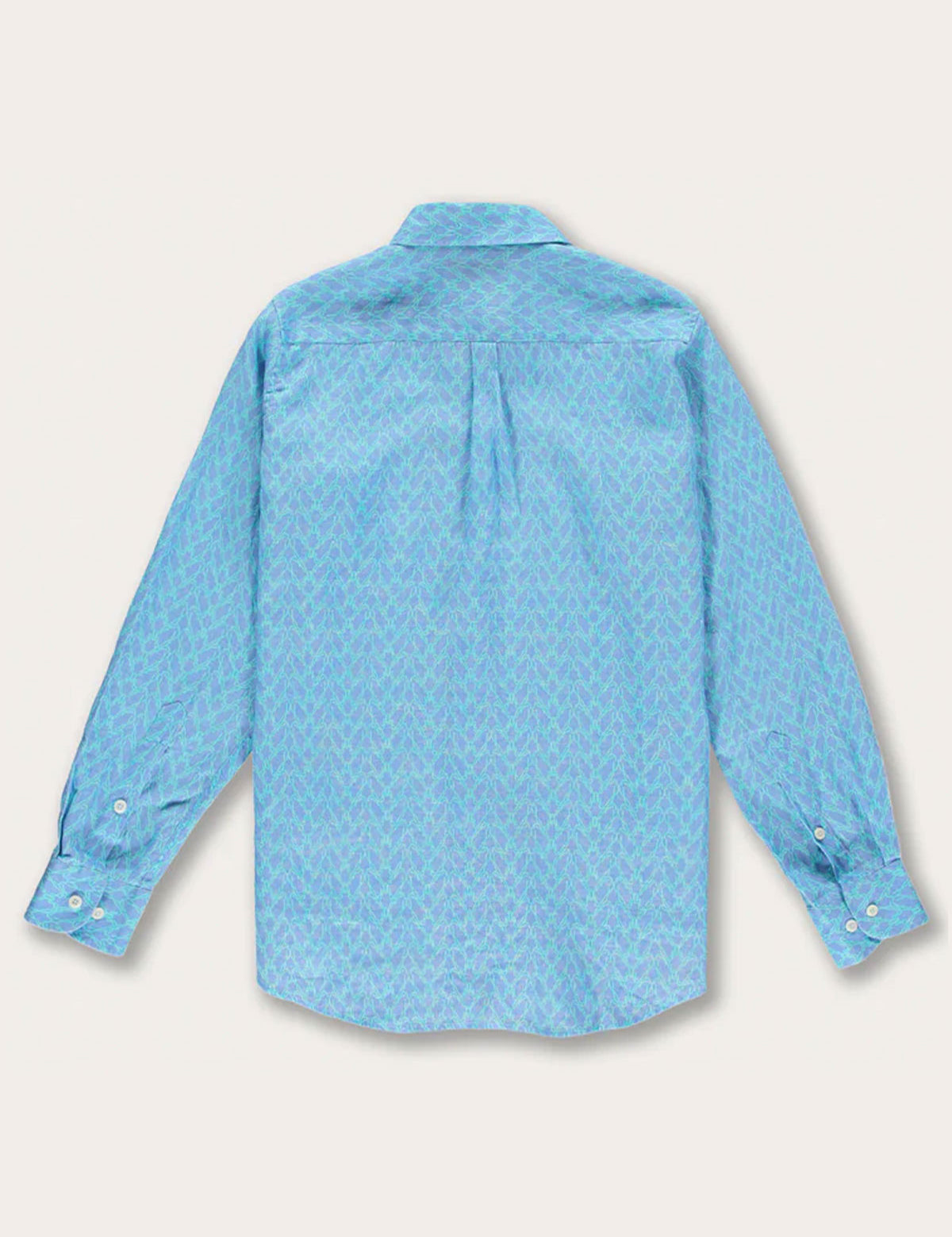 Men's Posidonia y el Mar Abaco Linen Shirt with hand-sketched sea grass print in blue and aqua green, back view.