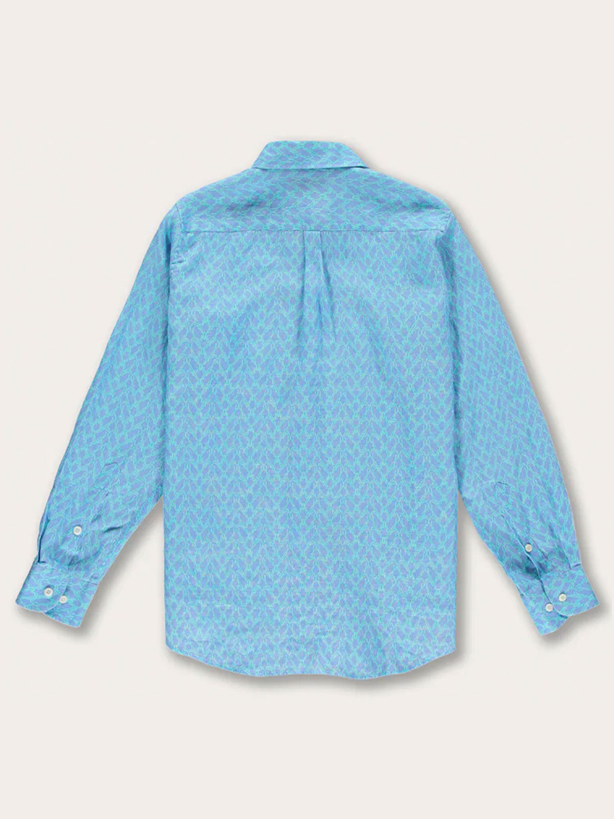 Men's Posidonia y el Mar Abaco Linen Shirt with hand-sketched sea grass print in blue and aqua green, back view.