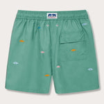 Men's Primavera Embroidered Staniel Swim Shorts with sea flower embroidery on a Riviera green base. Embroidered swim shorts featuring an elastic waistband and back pocket, displayed against a neutral background.