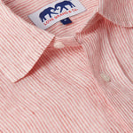 Close-up of Men's Red Lines Abaco Linen Shirt showing the red thin stripes design and button details. One of our old money shirts.