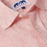 Close-up of Men's Red Lines Abaco Linen Shirt showing the red thin stripes design and button details. One of our old money shirts.