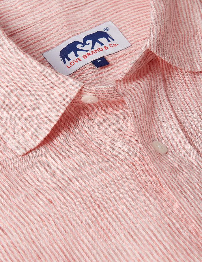 Close-up of Men's Red Lines Abaco Linen Shirt showing the red thin stripes design and button details. One of our old money shirts.