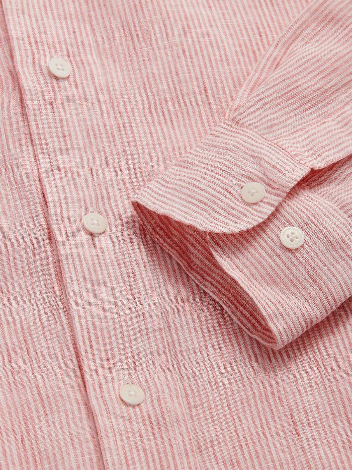 Close-up view of the Men's Red Lines Abaco Linen Shirt showing thin red stripes and white buttons.