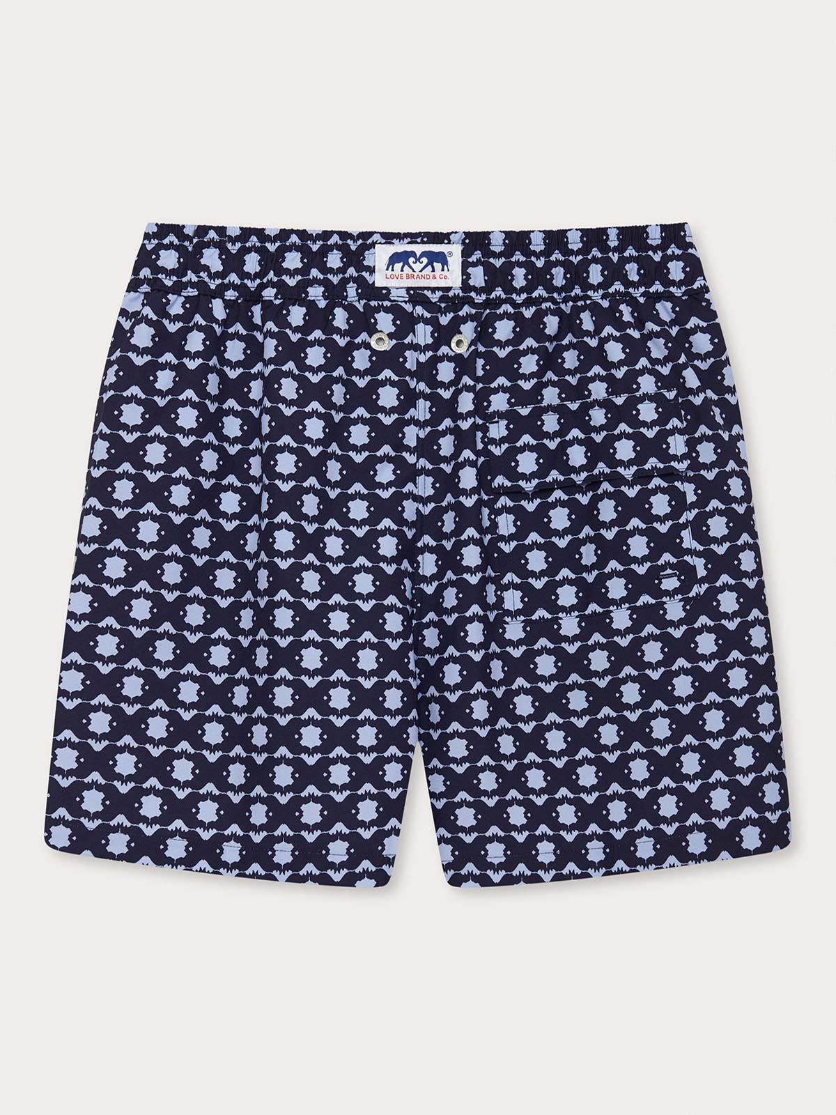 Men's Rhino Rhythm Staniel Swim Shorts. Blue Patterned swim shorts featuring a rhino pattern crafted from 100% recycled plastic.