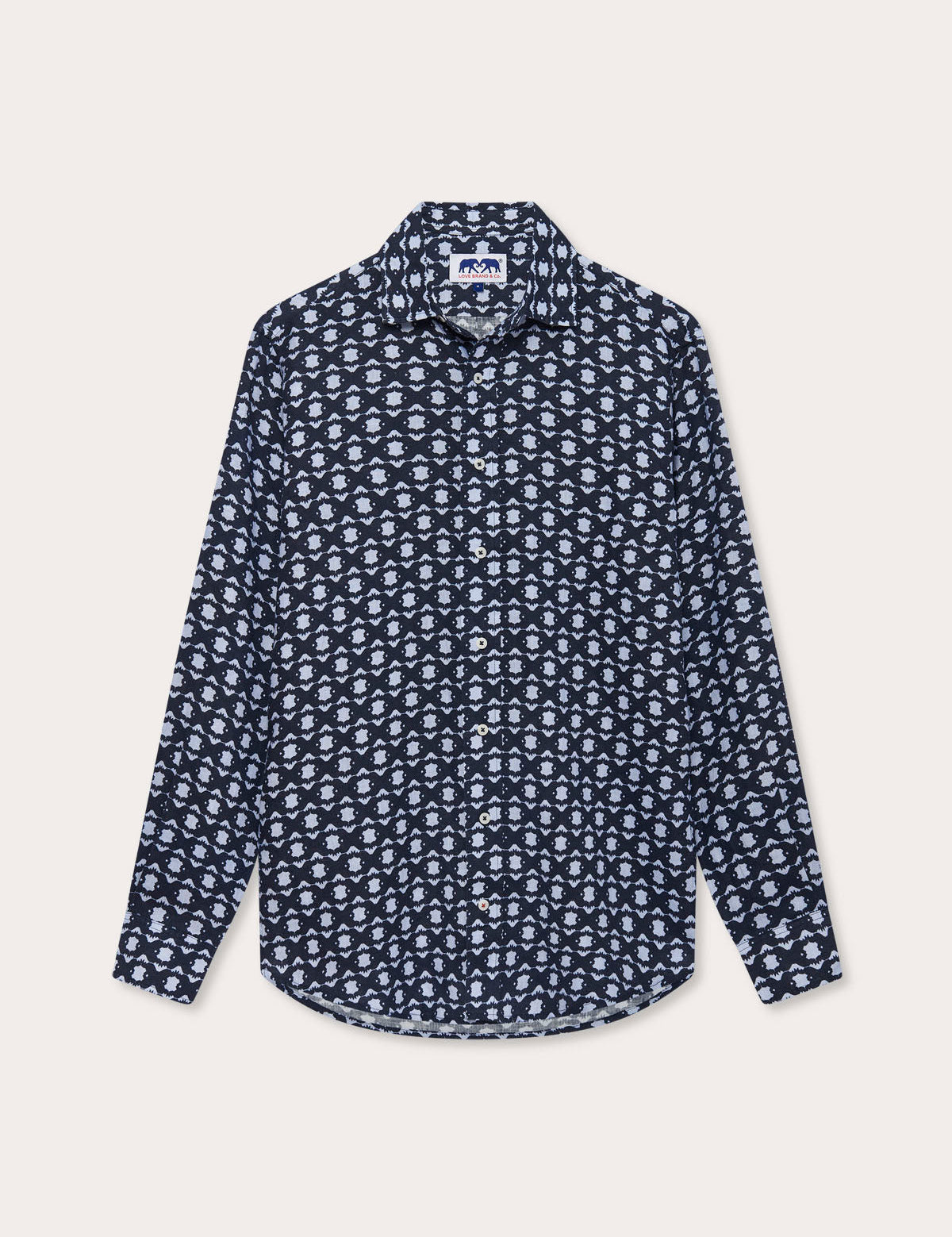 Rhino Rhythm Abaco mens Linen Shirt. Navy and blue linen shirt showing hidden rhino design. Long-sleeved and button-up.