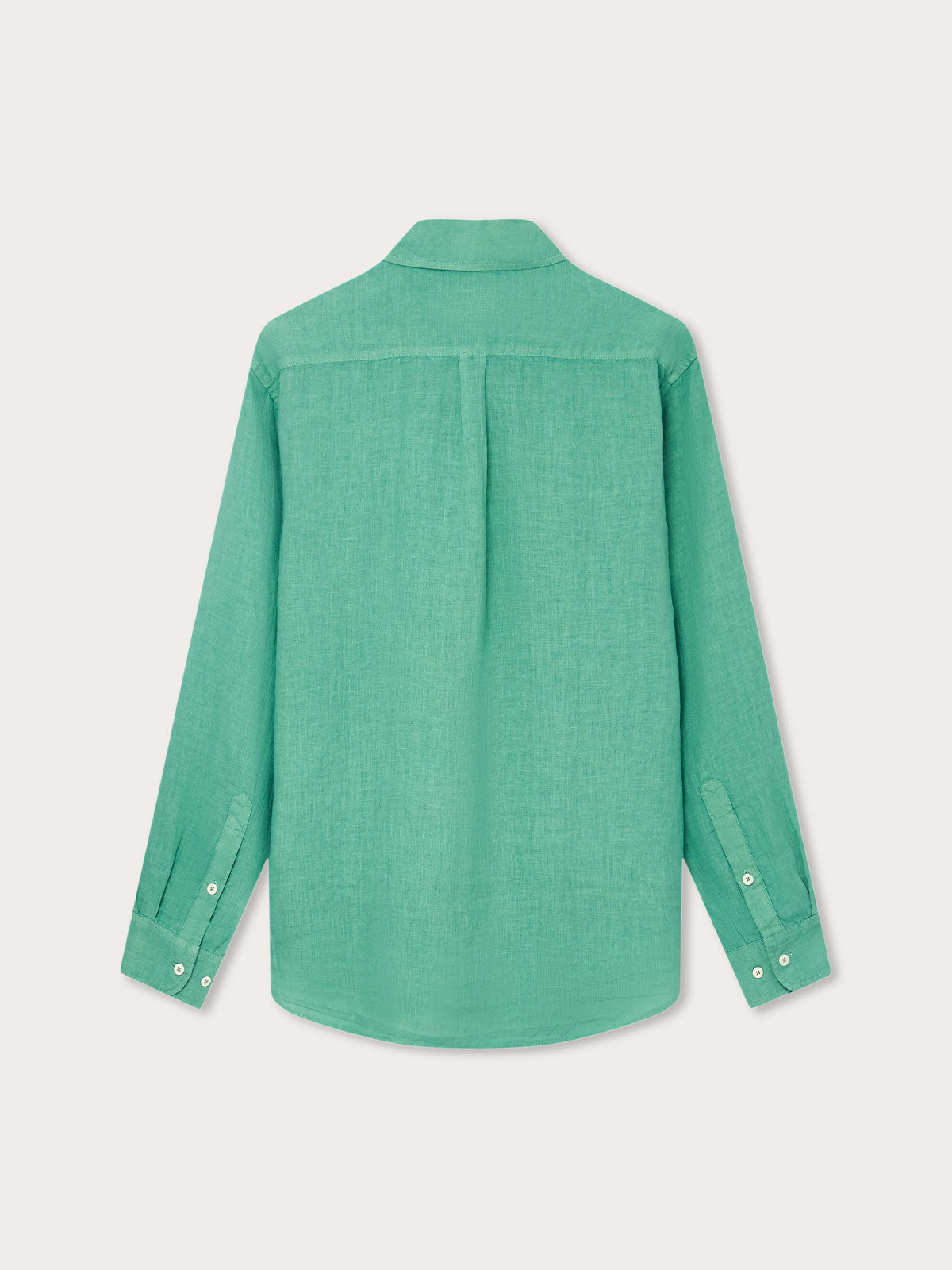 Riviera Green Abaco men's Linen Shirt, back view, crafted from breathable linen fabric.