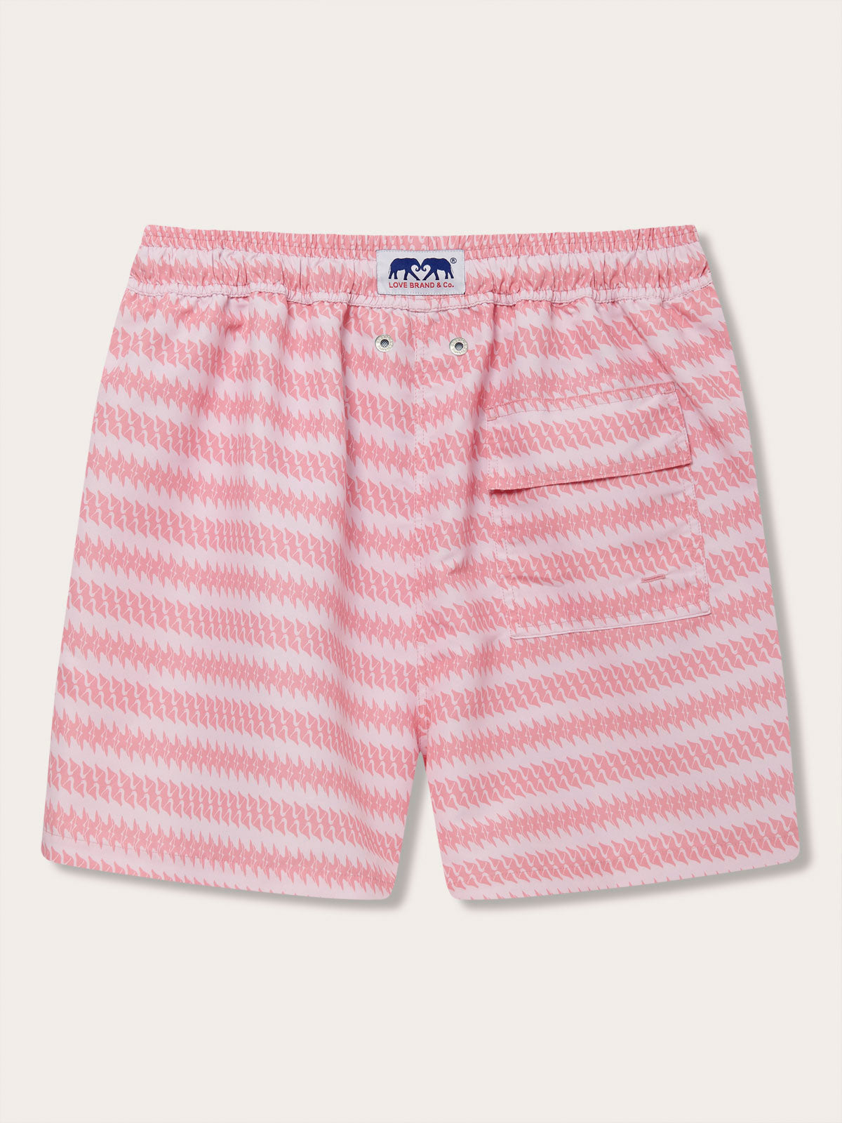 Men's Roseate Spoonbill Staniel Swim Shorts by LOVE BRAND & Co., showcasing a pink and white patterned design.