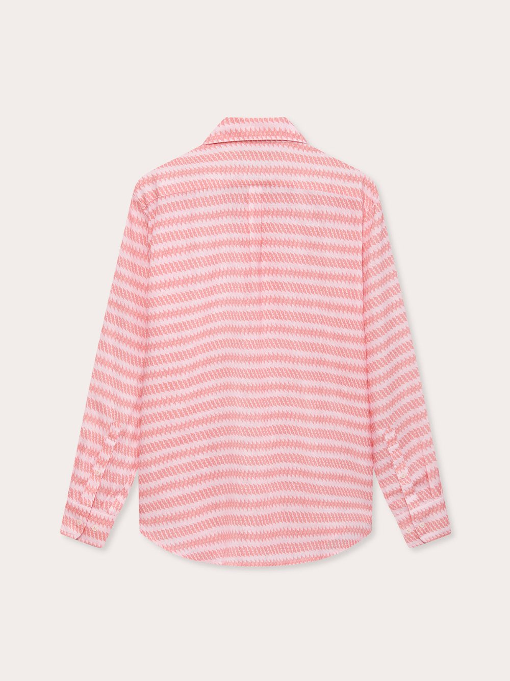 Men's Roseate Spoonbill Abaco Linen Shirt by LOVE BRAND & Co. in pink and white, showcasing a wavy pattern. Old money shirts made from 100% European linen.