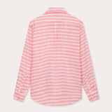 Men's Roseate Spoonbill Abaco Linen Shirt by LOVE BRAND & Co. in pink and white, showcasing a wavy pattern. Old money shirts made from 100% European linen.