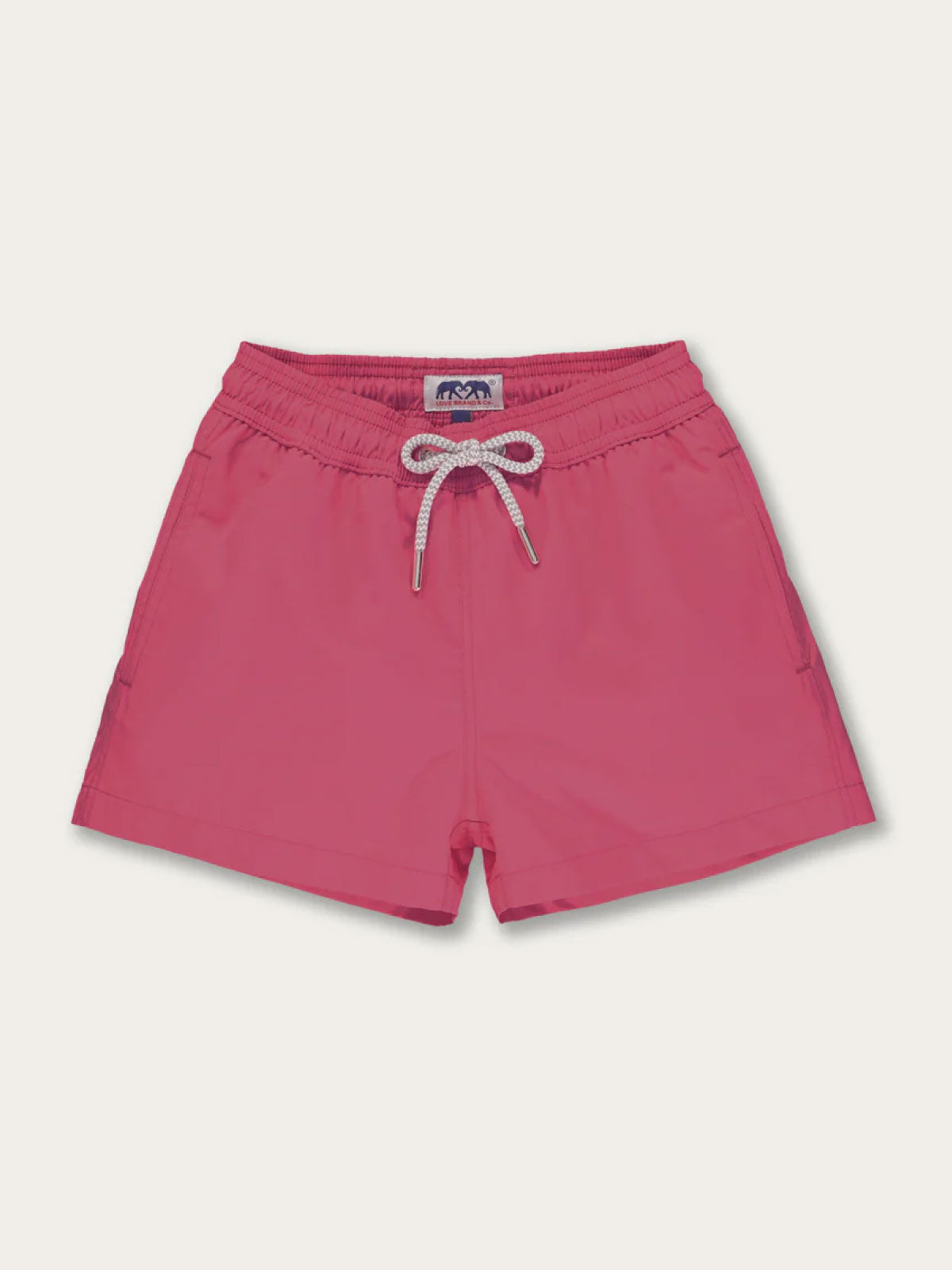 Boys Ruby Red Staniel Swim Shorts in rich raspberry color with drawstring and soft mesh lining.