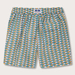 Men's Sea Flowers Staniel Swim Shorts with a vivid pattern of ochre, white, and green sea anemones. Patterned swim shorts on a deep blue background, made from 100% recycled materials.