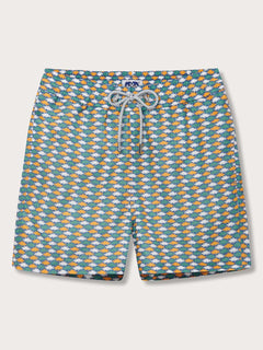 Sea Flowers mens swim shorts. This design features a pattern of orange, white and green sea anemones on a blue background.
