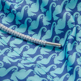 Men's Seahorses and Orcas Staniel Swim Shorts featuring a detailed marine life print with aqua green seahorses and deep blue orcas, quick-dry fabric, and a braided drawstring.